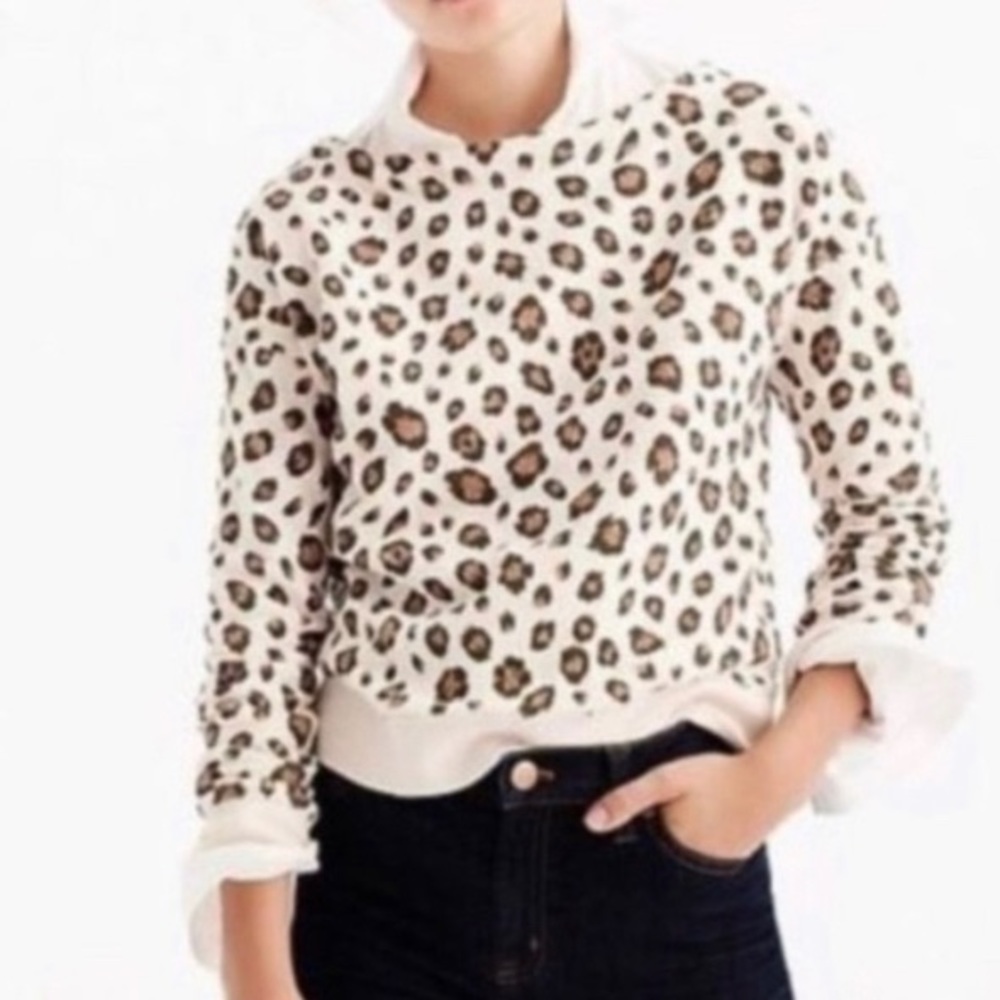 J. Crew Cream Brown Leopard Print Round Neck Pullover 3/4 Sleeves Sweats…
